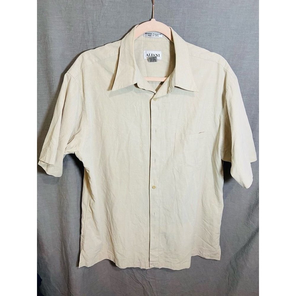 Alfani Button Up Shirt Adult Large Beige Short Sleeve Pocket Camp Mens.